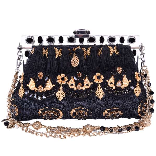 Crystals, embroidery and metallic baroque style brooches embellished black raffia clutch / evening bag VANDA by DOLCE & GABBANA Black Label