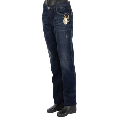 Distressed Straight Cut Jeans mit  Perlen Kristallen Uhr Patch Blau