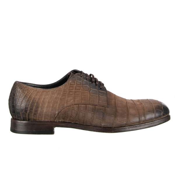 Very exclusive and rare formal Caiman leather derby shoes in brown by DOLCE & GABBANA