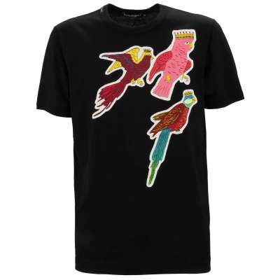 Papagei Krone Print Patch Baumwolle T-Shirt Schwarz Pink