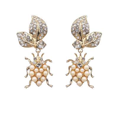 Crystal Pearls Floral Bugs Clip Earrings Gold