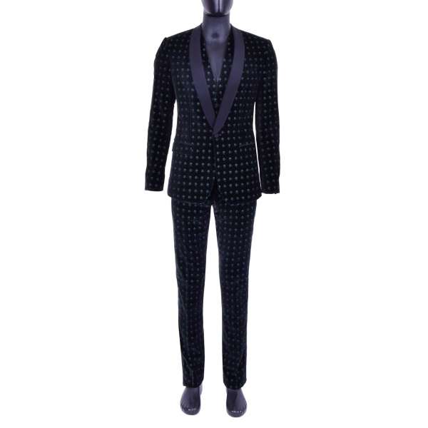 Double-breasted 3-pieces velvet suit with allover floral embroidery and round contrast reverse by DOLCE & GABBANA Black Line