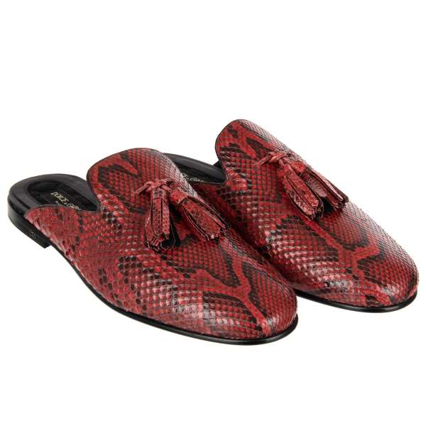 Snake leather slipper shoes YOUNG POPE with tassels and DG logo in red by DOLCE & GABBANA