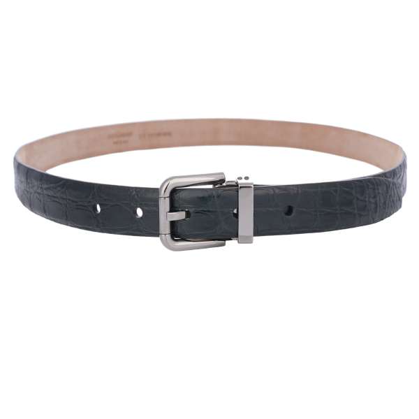 Crocodile Leather belt with metal buckle in dark green and silver by DOLCE & GABBANA