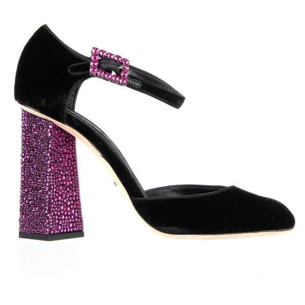 Velvet Mary Jane Pumps JACKIE with crystals embellished heel and buckle by DOLCE & GABBANA Black Label