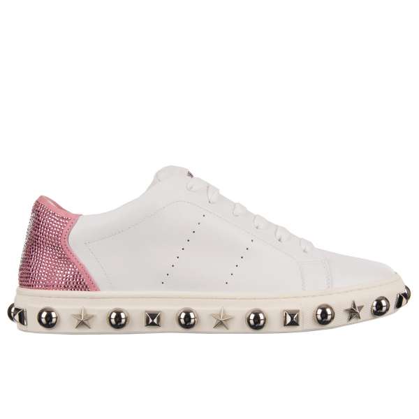 Low-Top Sneaker in white and fuxia with crystals embellished Plein and Playboy logos, studded sole and tongue with Philipp Plein metal logo by PHILIPP PLEIN X PLAYBOY