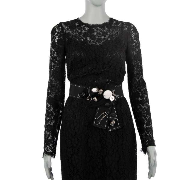 Tailor Belt for dress with tailor theme brooches and silk ribbon rose in black by DOLCE & GABBANA Black Label