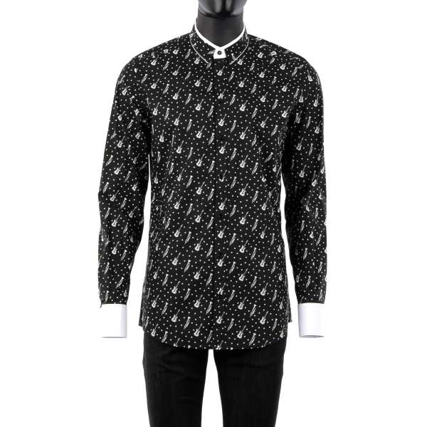 Guitar and polka dot print shirt with short collar and cuffs, collar and button closure in contrast color by DOLCE & GABBANA - GOLD Line