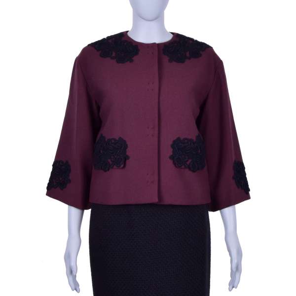 Baroque Jacket with embroidered flowers applications in black and bordeaux made of virgin wool by DOLCE & GABBANA Black Line