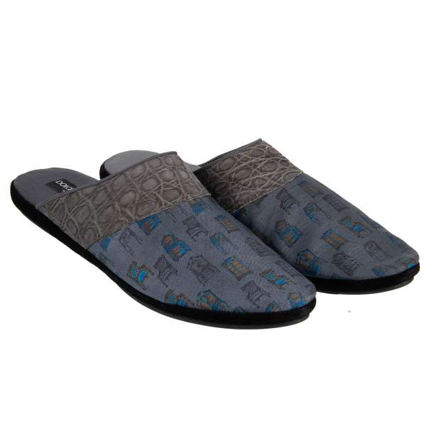 Crocodile Leather and Silk Slippers COURMAYEUR with tie print on silk by DOLCE & GABBANA