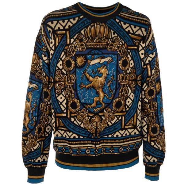 Crewneck silk sweatshirt / sweater with Heraldry Lion Print and knitted details by DOLCE & GABBANA
