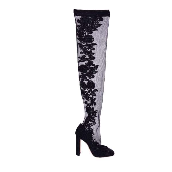 Socken-Pumps / Stiefel aus Nylon und Seide mit Rosen Stickerei in Schwarz von DOLCE & GABBANA Black Label