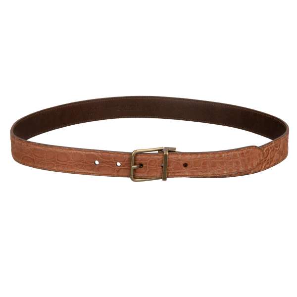 Vintage Effect crocodile Leather belt with antique gold metal buckle in brown by DOLCE & GABBANA