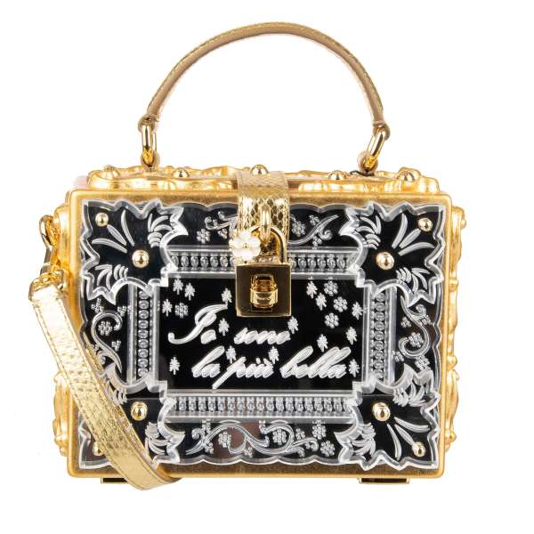 Inspired by Snow White fairytale, handcrafted Top Handle Clutch Bag / Handbag DOLCE BOX made of wood with plexiglas mirror ornament and decorative padlock with enamel flower by DOLCE & GABBANA
