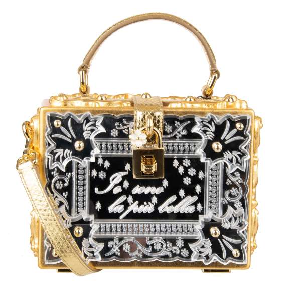 Inspiriert vom Schneewittchen Märchen, handgemachte Clutch Tasche / Handtasche DOLCE BOX aus Holz mit Plexiglass Spiegel Ornament und Drehschloss mit emaillierten Blume von DOLCE & GABBANA 