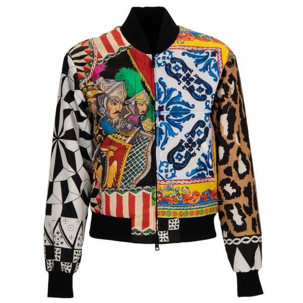 Bomberjacke / Pufferjacke mit Carretto, Majolika, Leopard Mix Print mit Tasche und Details aus Strick von DOLCE & GABBANA