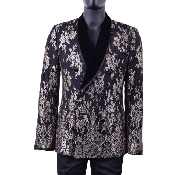 Zweireihiges Barock-Stil Smoking-Sakko mit geblumter Spitze-Applikation von DOLCE & GABBANA Black Label