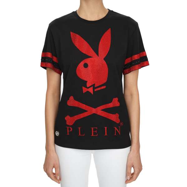 T-Shirt für Damen mit Playboy Plein Bunny Logo und PLEIN Schriftzug aus Strass vorne und PLAYBOY X PLEIN Schriftzug aus Strass hinten von PHILIPP PLEIN X PLAYBOY