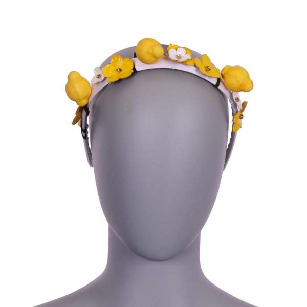 Hairband embelished with Lemon and leather Flowers with Crystals in White and Yellow by DOLCE & GABBANA