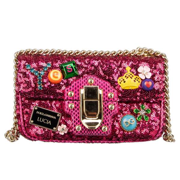 Shoulder bag LUCIA Mini with sequins, Swarovski Crystals, flowers, studs, DG Logo plate and gold-tone chain shoulder strap and by DOLCE & GABBANA