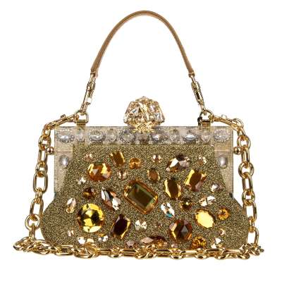 Lurex Clutch Abendtasche Tasche VANDA mit Kristallen und Kettenriemen Gold