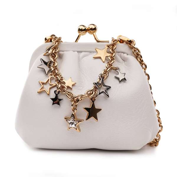 Lambskin purse bag with metal stars crystal chain strap in white and gold by DOLCE & GABBANA