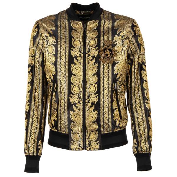 Baroque style lurex bomber jacket with embroidered crown and DG Logo, knit details and zipped pockets by DOLCE & GABBANA