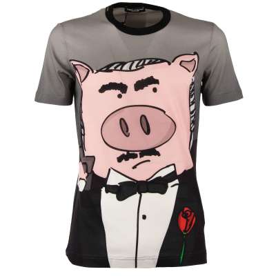 Pig with Suit Printed Cotton T-Shirt with Logo Sticker Gray