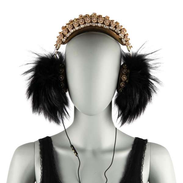 Exclusive and rare nappa leather Frends headphones with cable, embellished with crystals and pearls metal crown and fox fur in gold and black by Dolce & Gabbana Black Line
