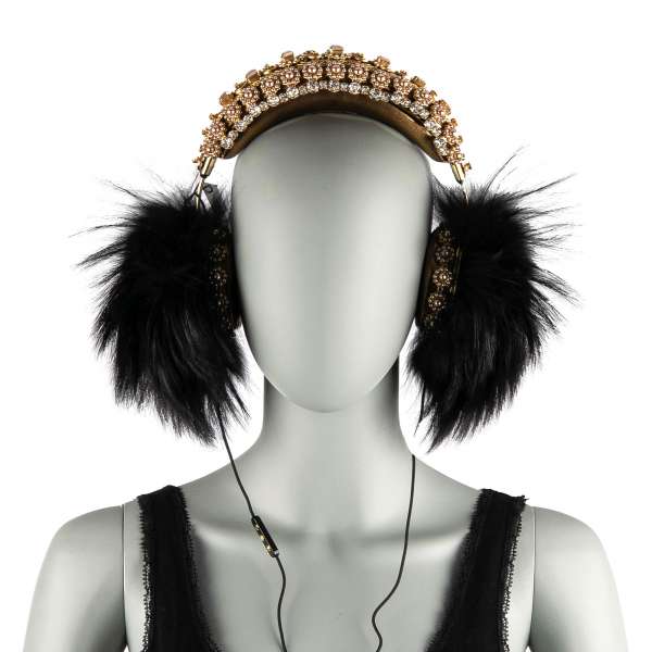 Exclusive and rare nappa leather Frends headphones / hairband with cable, embellished with crystals and pearls metal crown and fox fur in gold and black by DOLCE & GABBANA