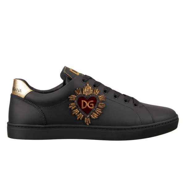 Low-Top Sneaker LONDON with logo and heart logo embroidery in gold and black by DOLCE & GABBANA