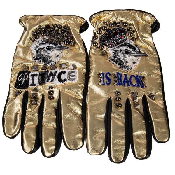 Nappa lambskin gloves with "Prince is back", birds and crowns embroidery, metal studs and pearls in gold and black by Dolce&Gabbana Black Label