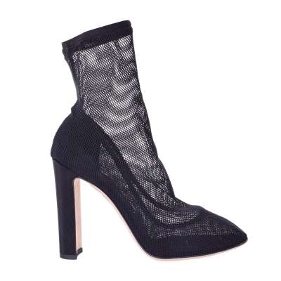 Net Lace Tulle Leather Pumps Boots Heels Black