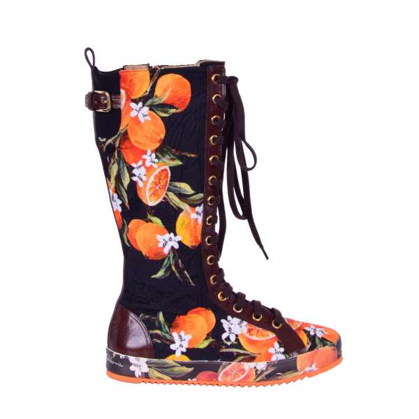 Leather and Brocade, Orange printed High Sneaker Boots with Zip, lace and buckle fastening by DOLCE & GABBANA Black Label