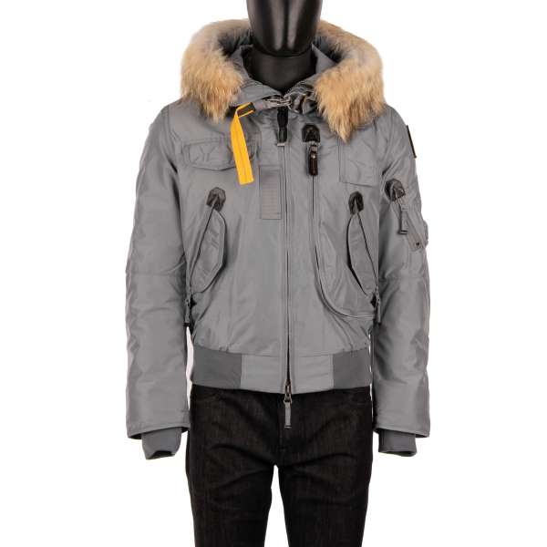 Short Bomber / Down Jacket GOBI with a detachable real fur trim, hoody, many pockets and a removable down-filled lining in Agave Gray