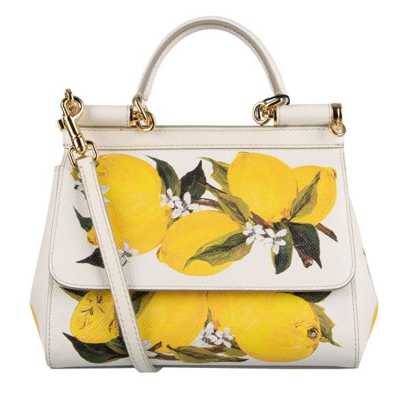 Lemon printed dauphine leather Tote / Shoulder Bag SICILY Small with logo plate and mirror by DOLCE & GABBANA