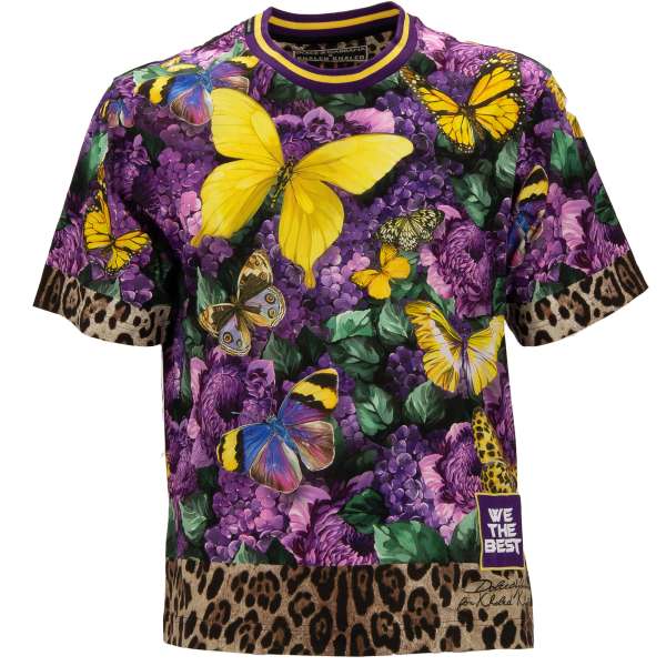 Oversize Baumwolle T-Shirt mit Schmetterling, Blumen, Leopard und Logo Print und Logo Sticker von DOLCE & GABBANA - DOLCE & GABBANA x DJ KHALED Limited Edition