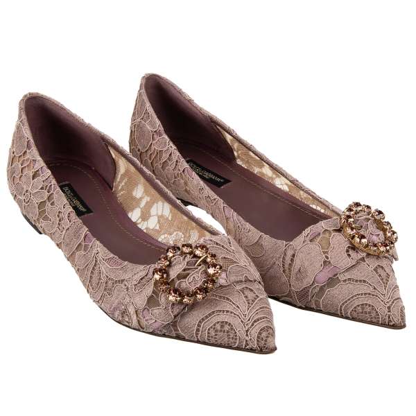 Pointed Taormina Floral Lace Flats BELLUCCI in purple with crystal brooch by DOLCE & GABBANA