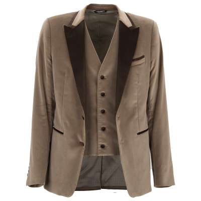 Silk Lapel Velvet Blazer with Vest Brown Beige 48 38 M