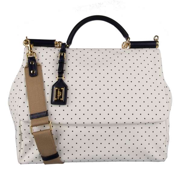 Large Tote / Shoulder bag SICILY made of canvas with polka dot print and logo plate pendant by DOLCE & GABBANA