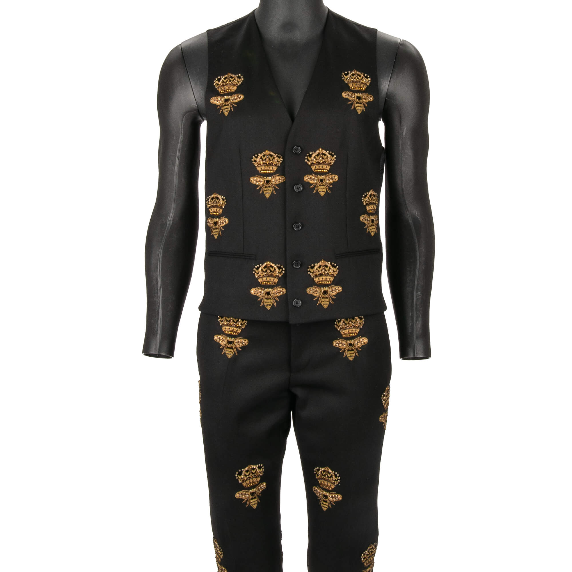 Dolce Gabbana Crystal Crown Napoleon Bee 3 Piece Suit Jacket Blazer Gold Black 46 FASHION ROOMS