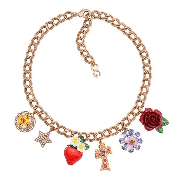 Chocker necklace with colorful crystals, cross, star, strawberry, rose and cherry flowers in gold by DOLCE & GABBANA