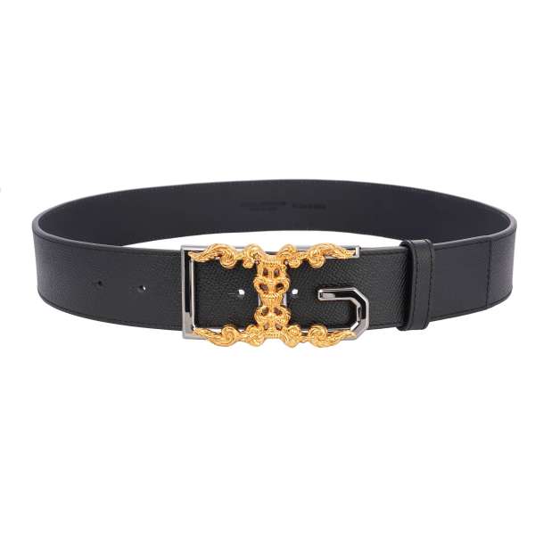 Dauphine calf leather belt with DG Baroque metal buckle in black, gold and silver by DOLCE & GABBANA
