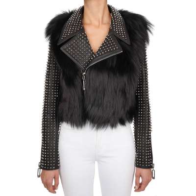 COUTURE Studded Fox Fur Nappa Leather Biker Jacket MONDAY Black