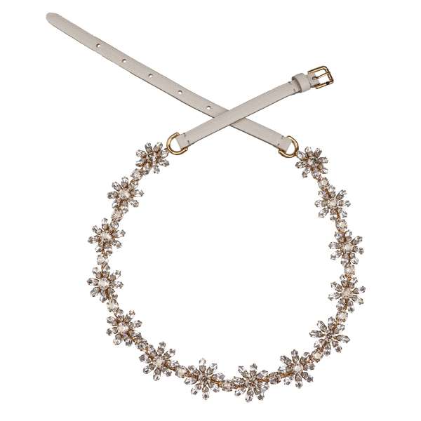 Chain - Belt embelished with crystal daisy flowers and dauphine textured leather in white and gold by DOLCE & GABBANA 