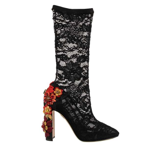 Floral lace Pumps VALLY with crystals, brass decorations and embroidery heel in black, gold and red by DOLCE & GABBANA