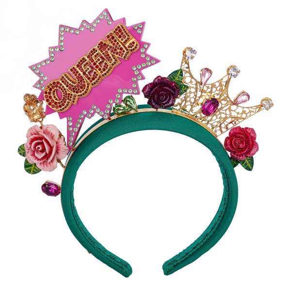 Hairband with hand-painted roses, filigree crystal crowns and Queen element in pink, green and gold by DOLCE & GABBANA