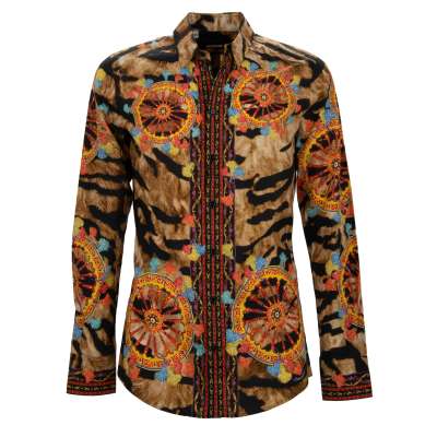 Tiger Carretto Print GOLD Cotton Shirt Brown Black
