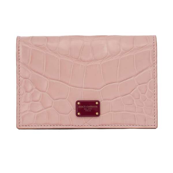 Crocodile leather cards wallet with DG logo plate and extra cards etui in red and pink by DOLCE & GABBANA
