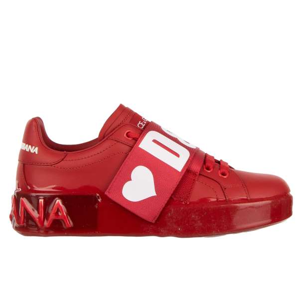 Sneaker PORTOFINO mit D&G Rules Verschluß, Herz und Logo in Weiß und Rot von DOLCE & GABBANA